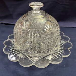 Vintage Clear Cut Glass Round Domed Butter Dish with Too